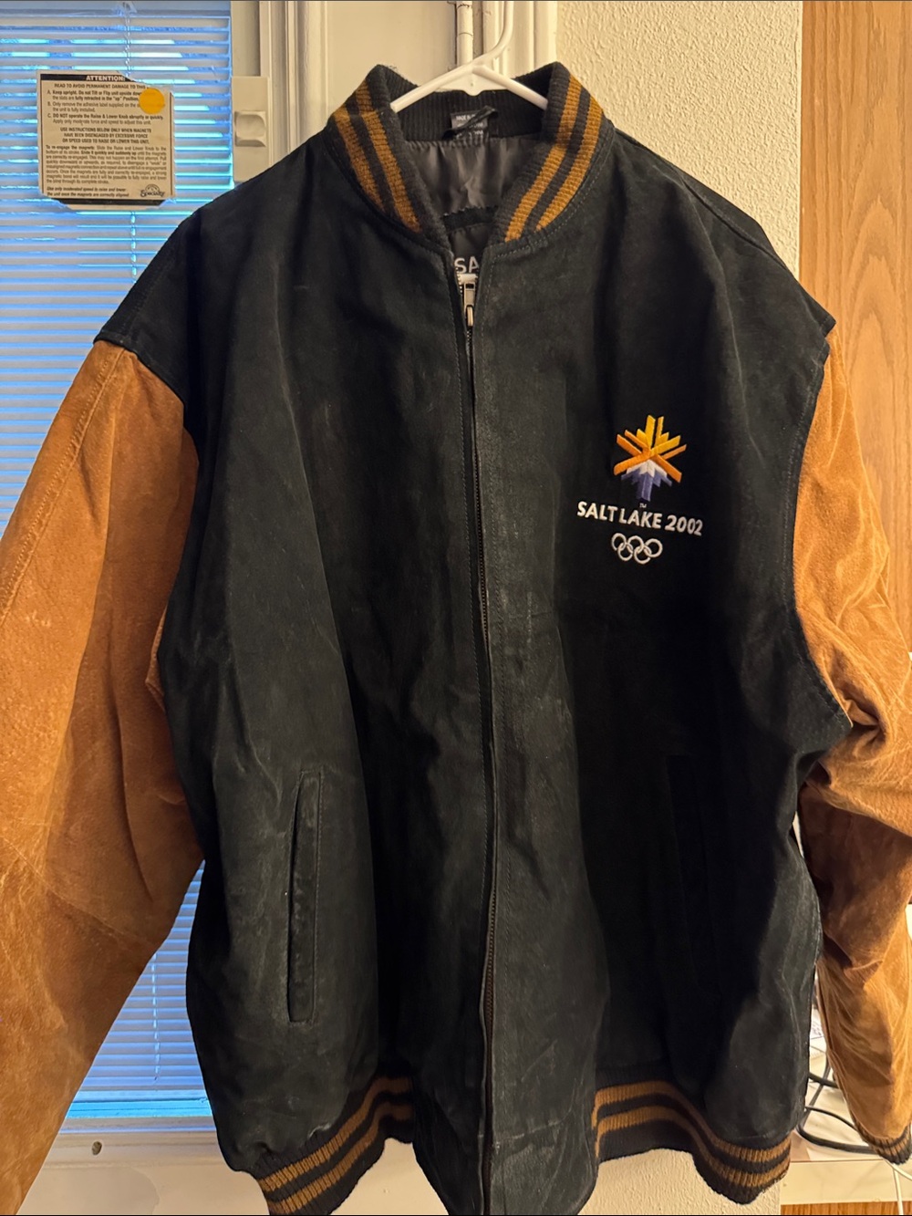 Salt Lake 2002 Embroidered Black & Tan Suede Varsity Bomber Jacket